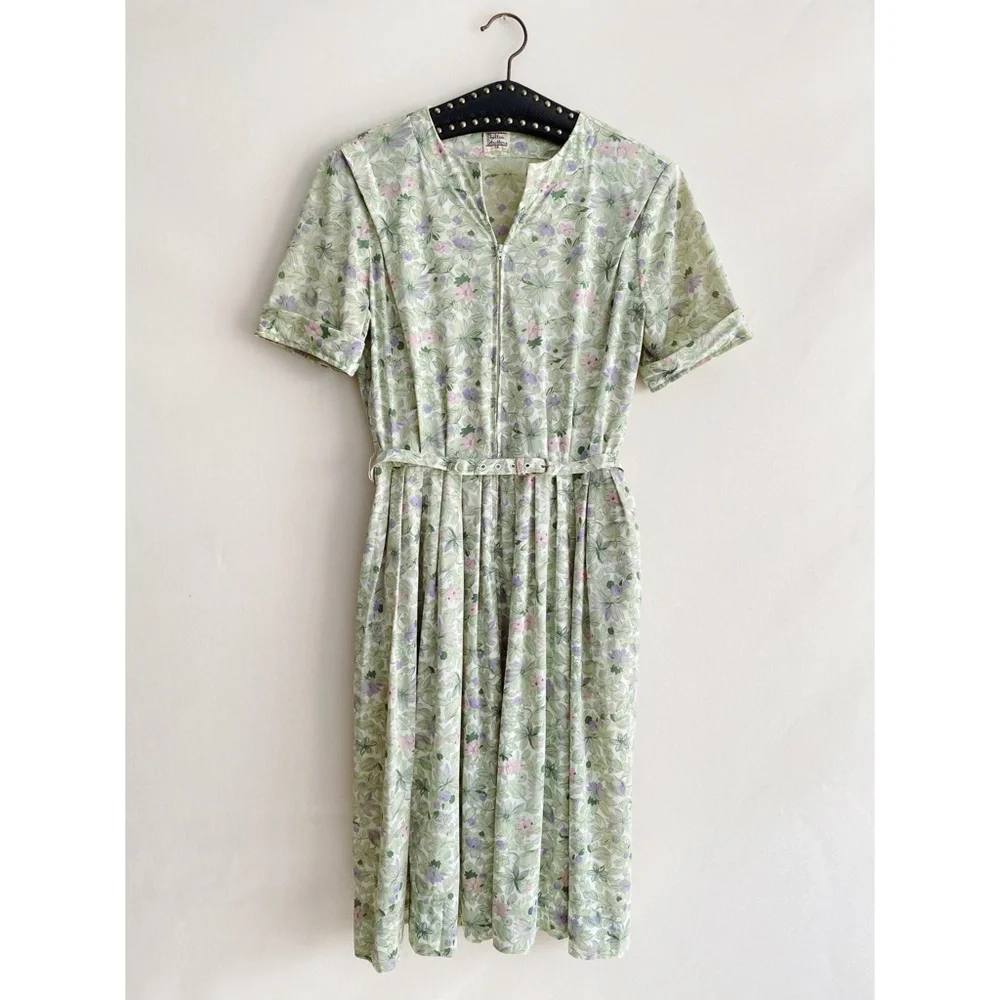 Vintage 1960s/50s Shelton Stroller Green Floral Belted Circle Skirt Dress M/L - Picture 1 of 15